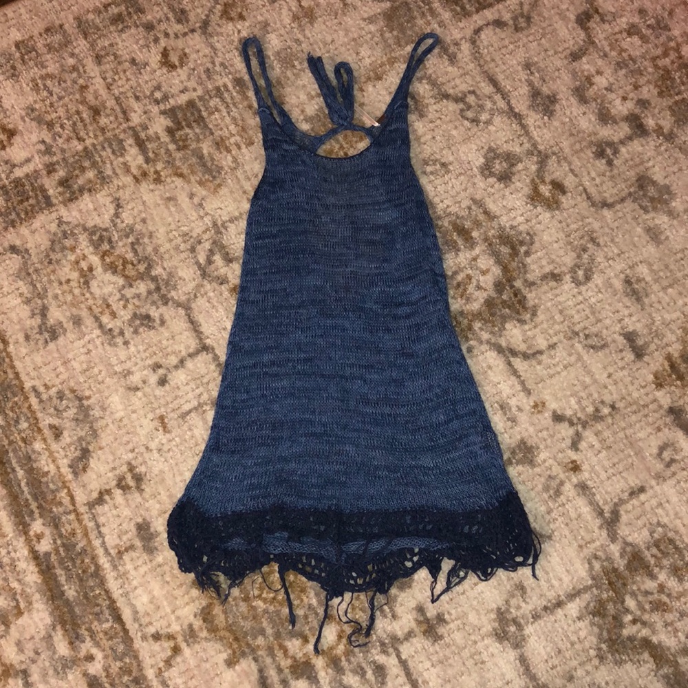 Free People rare knit tunic tank with fringe, navy